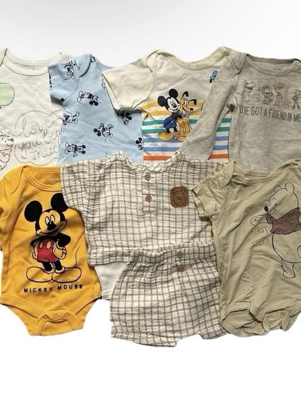 Disney Baby 8 Piece Lot Mickey Pooh Toy Story Bodysuits Size 0-3 Months